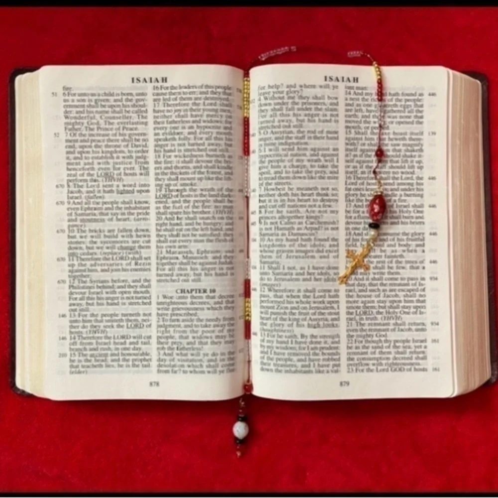 ECCENTRIC HANDCRAFTED Red/White/Black Beaded Bookmark with Golden Cross